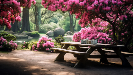 Wooden table and chairs in Japanese garden with pink blooming tree - obrazy, fototapety, plakaty