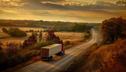 truck driving down country road fall landscape background sunset clouds shipping docks vista professional medium length scary empty liminal spaces refrigerated storage facility summer aerial - obrazy, fototapety, plakaty