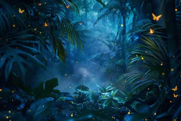 Selbstklebende Fototapeten Fireflies in tropical forest with green leaves at night © InfiniteStudio