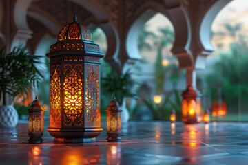  A photo of an ornate Arabic lantern standing in the center, casting warm light on its intricate designs and surrounded by glowing candles. Created with Ai - obrazy, fototapety, plakaty