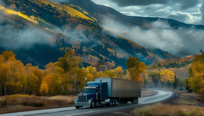 semi truck driving down road mountains commercial vivid background interconnections shipping docks fall season large back transportation design justify center stunning - obrazy, fototapety, plakaty