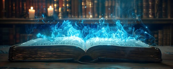 Enigmatic Tomes Unleashing Mystical Blue Flames in an Ancient Chamber of Esoteric Knowledge
