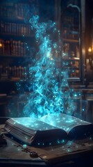 Mystical Secrets Unlocked from an Ancient Tome Glowing with Ethereal Blue Flames in a Dimly Lit Study