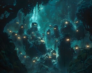 Mysterious Subterranean Cavern Teeming with Sinister Otherworldly Creatures - obrazy, fototapety, plakaty