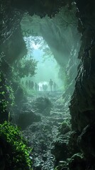 Obraz premium Mystical Nature Spirits Performing Ritual in Shadowy Cave