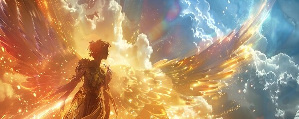 Celestial Cupid Amidst a Cascade of Rainbow Light Creating Golden Ripples in the Sky