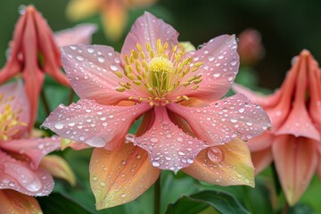 Dew drops cling to the pink petals of a lily against a green background.
