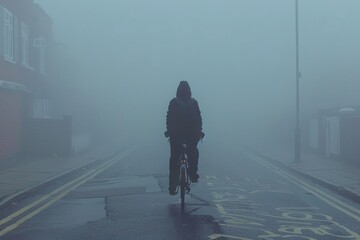 A lone cyclist rides through a misty street, enveloped in a calm, hazy morning.