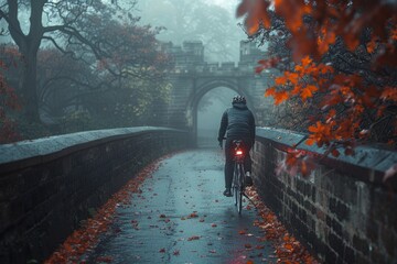 A cyclist riding away under an arched bridge with red autumn leaves on a foggy path.