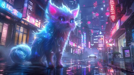 Neon Lit Fantasy Business District with Cute Mythical Creature Entrepreneurs