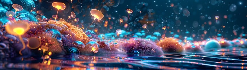 A Bioluminescent Seaside Fantasy of Illuminated Food and Water Creating a Glowing Spectacle on the Shore - obrazy, fototapety, plakaty