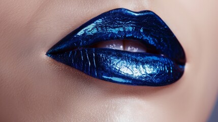 A glossy deep blue lipstick giving off an ethereal and mystical vibe. .