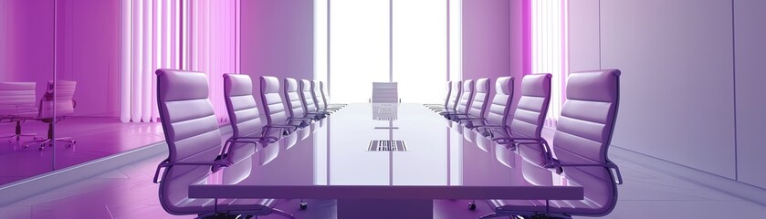 Minimalist meeting room, purple and white scheme, vibrant, direct perspective