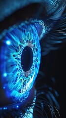 Minimalist hightech eye interface, glowing blue iris, closeup, sharp focus