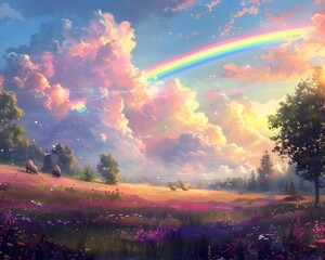 Enchanting Meadow Beneath a Vibrant Rainbow Adorned Pastel Sky