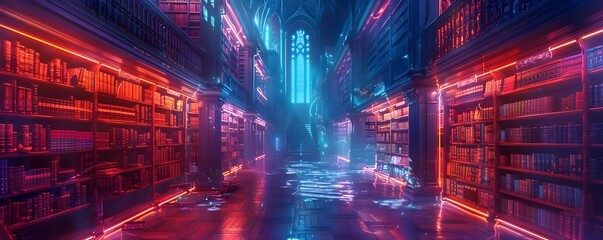 Mystical Fantasy Library with Neon Illuminated Bookshelves Creating Dramatic Contrast and Atmosphere