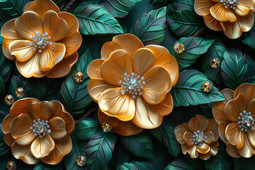 3D wallpaper with golden flowers and green leaves, with diamonds in the center of each flower in the style of nature. Created with Ai