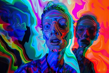 Psychedelic composition featuring distorted faces and twisted figures, conveying the disorienting sensation of fear and anxiety, dream-like effect,Concept photography, surrealism - obrazy, fototapety, plakaty