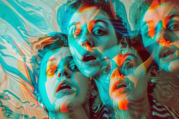 Psychedelic composition featuring distorted faces and twisted figures, conveying the disorienting sensation of fear and anxiety, dream-like effect,Concept photography, surrealism