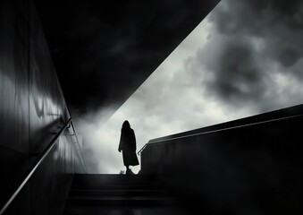 person walking flight stairs background imagistic sky behind scary atmosphere witness stand wearing long coat hopeless grey lonely human shrouded - obrazy, fototapety, plakaty