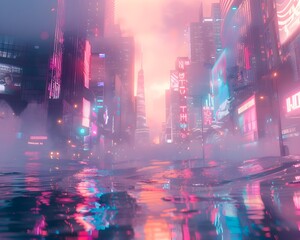 Neon Drenched Futuristic Urban Street with Pastel Mists and Candy Colored Visuals in a Dreamy Landscape