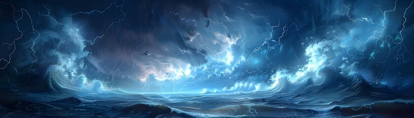 Turbulent Anime Inspired Seascape with Mythical Beasts and Swirling Waterspouts - obrazy, fototapety, plakaty