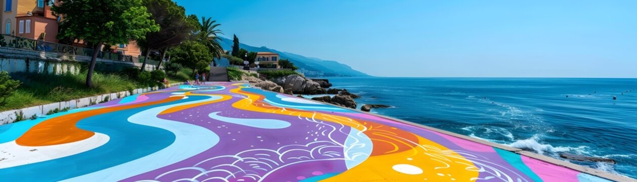 Vibrant Coastal Promenade with Playful Chromatic Splashes and Whimsical Sea Creatures