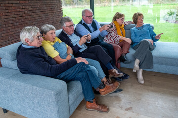Captured in a contemporary living space, this photograph depicts a group of seniors intently...