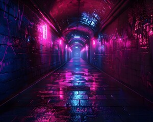 Vibrant Neon Lit Futuristic Tunnel with Mysterious Symbols and Architectural Elements