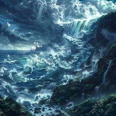 Tumultuous Tides and Towering Tornadoes An Anime Inspired Seascape of Mythical Grandeur - obrazy, fototapety, plakaty