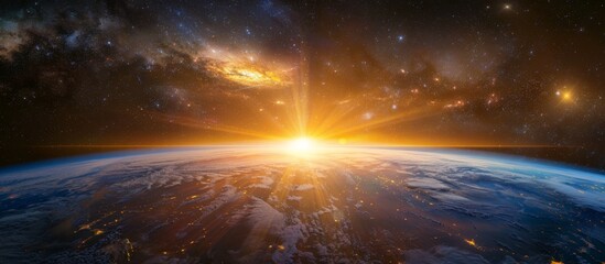 The stunning view of the earth from outer space shows the sun rising over the horizon, casting a warm glow on the planet below - obrazy, fototapety, plakaty
