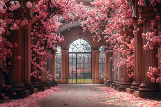 A photograph of an archway covered in pink flowers leading to the entrance, a large open area with columns and pink carpeting, a fantasy scene of a palace made of marble. Created with Ai