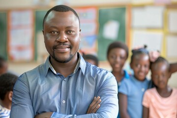 African school teacher with students in the background. - Powered by Adobe