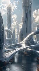 city architecture river foreground still frame entertainment white fractals beings astonishing structure arrival atlantis arcadia - obrazy, fototapety, plakaty