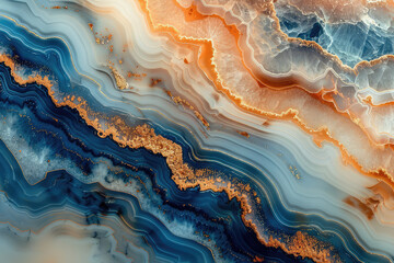 A beautiful abstract background featuring swirling patterns of blue, orange and white agate stone with golden veins. Created with Ai - obrazy, fototapety, plakaty