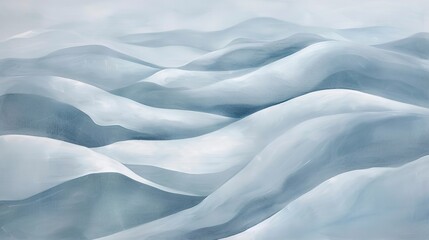 Softly layered abstract shapes in white and pale blues, evoking snowdrifts and the undulating winter landscape.  - obrazy, fototapety, plakaty