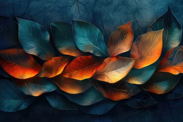 Fotobehang A digital art piece featuring an array of leaves in shades of orange and teal, illuminated by soft lighting that casts gentle shadows on the textured surface. Created with Ai © Design Dockyard