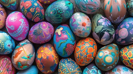 Fototapeta na wymiar Abstract patterns of painted Easter eggs, blending vibrant hues with whimsical designs. 