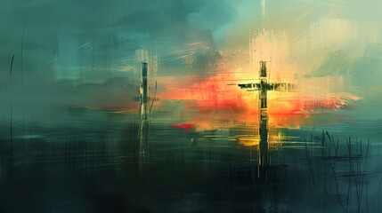 Stylized abstract crosses, subtle and serene, against a backdrop of dawn hues, reflecting the spiritual aspect of Easter.  - obrazy, fototapety, plakaty