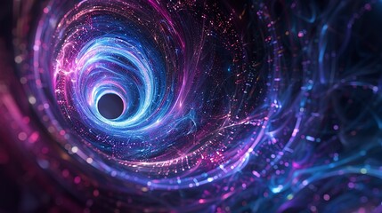 Swirling digital vortex in neon blues and purples, symbolizing the flow of information in cyberspace.