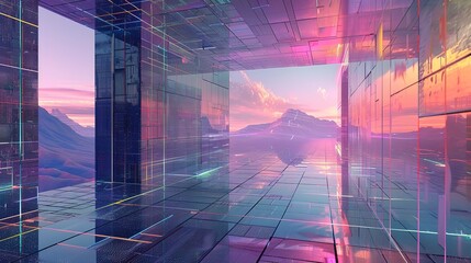 Futuristic abstract grid landscapes, shimmering in metallic hues, depicting virtual reality spaces. 