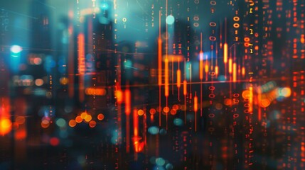 Abstract glowing big data forex candlestick chart on blurry city backdrop. Trade, technology, investment and analysis concept. Double exposure - obrazy, fototapety, plakaty