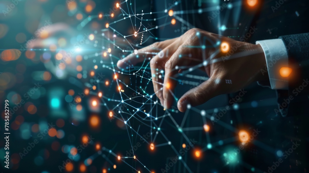 Poster businessman hand touching of digital data network transformation for next generation technology on c