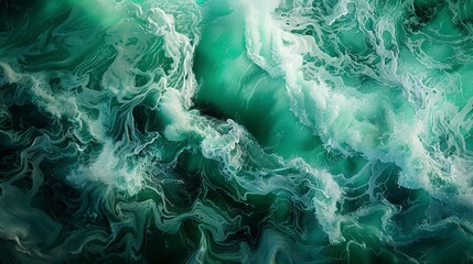 Fluid abstract patterns in emerald and sea green, suggesting the dynamic Irish seas and coasts. -