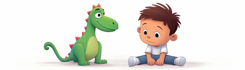 A boy and his dinosaur toy are sitting on the floor. The boy is smiling and looking at the dinosaur. The dinosaur is smiling and looking at the boy.