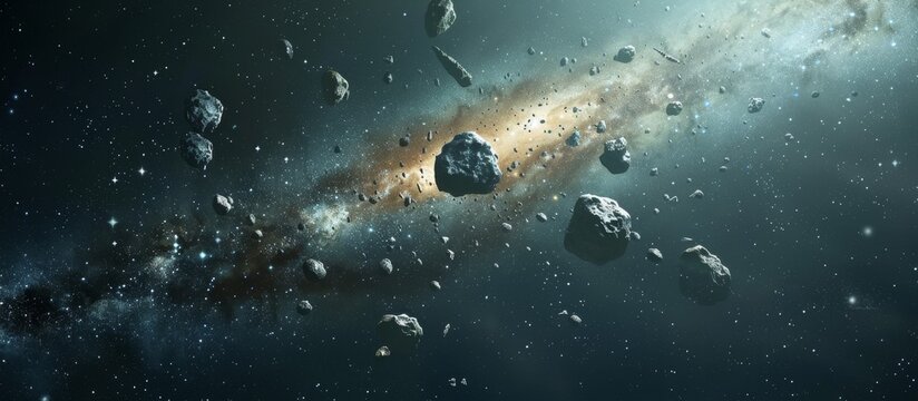 Numerous stellar objects of varying sizes, known as asteroids, soar gracefully through the vast expanse of outer space in this stunning artist's rendition