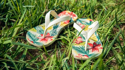 Blank mockup of flip flops with a floral print on a grassy field background . - obrazy, fototapety, plakaty