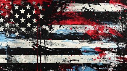 Abstract stripes merging with star patterns, reimagining the American flag in a modern art style. 