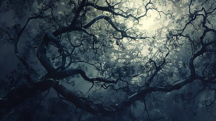 Abstract, silvery moonlight filtering through shadowy, twisted tree branches. 