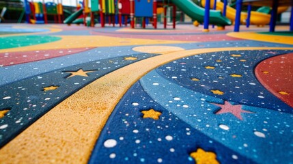 Brightly colored rubber tiles cover the floor of a futuristic playground featuring patterns of stars planets and galaxies. The gentle cushioning of the tiles provides a safe and tactile . - Powered by Adobe